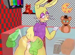 blush buckteeth bunny cum_dripping cum_in_ass cum_on_ass cum_on_penis finger_in_ass five_nights_at_freddy's five_nights_at_freddy's:_help_wanted furry gay glitchtrap green_cock green_penis looking_at_penis magenta_eyes male male_only malhare_fnaf pink_eyes prize_conner purple_bowtie purple_collar purple_eyelids purple_eyes spring_bonnie spring_bonnie_(fnaf) whiskers white_clothes