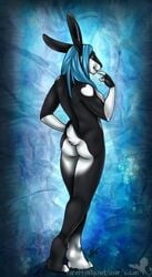 anthro ass black_fur blue_eyes blue_hair breasts claws female female_only fluffy fluffy_tail hair heart linsey_huish rabbit sidian simple_background smile solo two_tone_fur white_fur