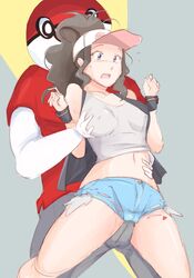 1boy 1girls 9_9bird aged_up ball_guy_(pokemon) black_jacket blue_eyes blush breast_grab breasts brown_hair cameltoe clothed clothing denim_shorts embarrassed erect_nipples_under_clothes erection female female_focus from_behind groping_breasts groping_from_behind hand_on_belly hat hilda_(pokemon) long_hair navel nintendo open_mouth penis_on_pussy penis_under_clothes pokemon pokemon_bw pokemon_ss ponytail puffy_pussy shirt shorts simple_background spread_legs sweatband tank_top vulva wide_eyed