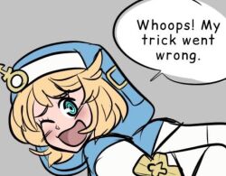 1boy blonde_hair blue_eyes bridget cropped dialogue femboy guilty_gear jammedvhs light_skin looking_at_viewer solo trap wink