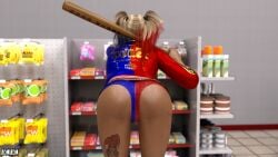 1girls 2021 3d ass back_view bent_over female female_only harley_quinn holding_baseball_bat holding_object indoors romirom solo solo_female store