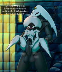 2_horns 5_fingers anthro balls big_penis black_body black_eyes blush breasts chained chained_cuffs chained_to_wall chained_up chains dialogue duo eyebrows female fingers forehead_gem gem genitals harrold_(latiar) hi_res holding_penis hollow_knight horn humanoid_genitalia humanoid_penis lace_(hollow_knight) larger_male latiar male male/female neck_chain nipples penis pink_nipples prison_cell shadow silksong size_difference smaller_female steam team_cherry text text_box white_body white_eyes white_text worried worried_face worried_look
