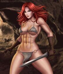 1girls abs arm_up armor armpit artist_logo athletic athletic_female big_breasts bikini_armor breasts brown_gloves busty cave cave_background chainmail_bikini cleavage deviantart_username female female_only flowerxl front_view green_eyes large_breasts loincloth long_hair looking_at_viewer pink_lipstick red_hair red_sonja red_sonja_(comics) solo sword thick_body thick_thighs toned toned_female