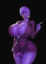 1futa balls boobsgames bottomless breasts cleavage clothed clothing dress ear_piercing erection futa_only futanari gigantic_breasts huge_breasts huge_cleavage humanoid intersex leah_estrogen mostly_clothed no_nose osmosis_jones partially_retracted_foreskin penis pink_skin purple_dress small_penis smooth_balls smooth_penis solo standing thick_thighs uncut wide_hips