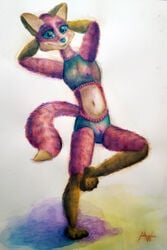 anthro baley belly big_ears bikini blue_eyes breasts canid canine clothing female fox fur genitals hi_res mammal modestwold navel nipples paws pussy raised_leg red_body red_fox red_fur solo swimwear tan_belly traditional_media_(artwork) translucent translucent_clothing two_piece_swimsuit