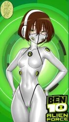 ben_10 ben_tennyson bodysuit cleavage echo_echo elbow_gloves female female_ben gender_transformation green_eyes headphones maudxie medium_breasts mtf_transformation omnitrix rule_63 short_hair small_boobs small_breasts transformation wide_hips