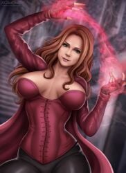 1female artist_logo avengers black_pants breasts breasts_apart brown_hair cape female female_only fit_female flowerxl front_view fully_clothed huge_breasts light-skinned_female light_skin long_hair looking_at_viewer marvel marvel_cinematic_universe pants pink_lipstick red_cape red_eyes scarlet_witch solo wanda_maximoff wide_hips