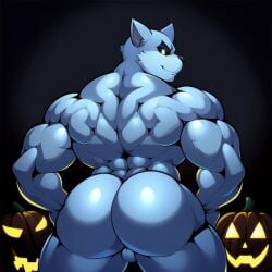 ai_generated animatronic animatronic_male anthro ass ass_focus balls butt domestic_cat fazbear_fanverse feline five_nights_at_candy's fnaf frosting.ai furry furry_ass furry_male furry_only gay halloween jack-o'-lantern male male/male male_only muscular muscular_male naked naked_male nude nude_male old_candy_(fnac) solo sugar1989