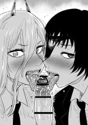 1boy 2girls blonde_hair blowjob blush censor_bar censored censored_penis chainsaw_man collaborative_fellatio demon demon_girl eyepatch fellatio female himeno_(chainsaw_man) horns kaiman_garupan licking licking_penis light-skinned_female long_hair looking_at_viewer male male_pov mappa monochrome necktie open_mouth oral oral_sex pale-skinned_female penis petite pov power_(chainsaw_man) red_horns seductive_eyes seductive_mouth sharp_teeth short_hair slim symbol-shaped_pupils threesome tongue tongue_out unusual_pupils yellow_eyes