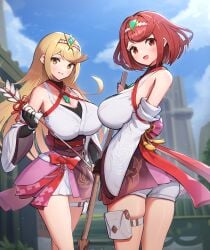 2girls absurd_res bare_shoulders black_gloves blonde_hair blush blush breasts busty core_crystal curvy female female_only fingerless_gloves glimmer_(xenoblade)_(cosplay) gloves gonzarez highres hourglass_figure japanese_clothes kimono large_breasts looking_at_viewer looking_back monolith_soft mythra nintendo pink_kimono pyra red_eyes red_hair slim_waist thick_thighs thighs white_kimono wide_hips xenoblade_(series) xenoblade_chronicles_2 xenoblade_chronicles_3 xenoblade_chronicles_3:_future_redeemed yellow_eyes