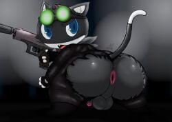 2024 angry anthro anus ass atlus balls big_butt black_body black_clothing black_ears black_fingerless_gloves black_fur black_gloves black_handwear black_suit black_tail blue_eyes clothing digital_media_(artwork) domestic_cat eyewear eyewear_on_head fangs felid feline felis fingerless_gloves firearm fur genitals gloves goggles goggles_on_head gun half-closed_eyes handwear hi_res holding_gun holding_object holding_ranged_weapon holding_weapon looking_at_viewer looking_back male male_only mammal megami_tensei megami_tensei_persona morgana_(persona) narrowed_eyes nekoni night_vision_goggles penis persona_(series) persona_5 ranged_weapon sega sharp_teeth small_penis solo splinter_cell suit suppressor tail teeth thick_thighs tom_clancy tongue torn_clothing two_tone_tail weapon white_tail