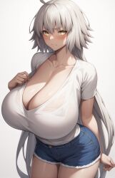 1girls ai_generated blush booty_shorts breasts bubble_butt busty casual_clothes cleavage embarrassed fate/grand_order fate_(series) female hi_res hips huge_breasts jean_shorts jeanne_alter long_hair massive_breasts shirt short_shorts shorts simple_background stable_diffusion thick_thighs thighs white_hair white_shirt wide_hips yellow_eyes