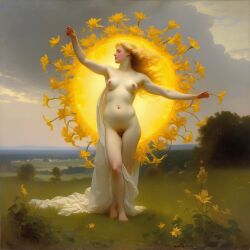 ai_generated bad_tag belly blonde_hair blonde_pubic_hair blue_eyes cloud cloudy_sky curly_hair curvy flower halo lilies lips long_hair navel nipples nude presenting pubic_hair realistic sky smile solo william_bouguereau