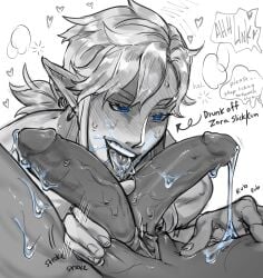 2boys after_fellatio after_oral animal_genitalia aphrodisiac breath_of_the_wild cum cum_drunk cum_in_mouth drunk face_closeup gay link link_(breath_of_the_wild) link_(tears_of_the_kingdom) male_only multiple_penises oral prince_sidon ridinrapids sidon sidon_(zelda) the_legend_of_zelda yaoi zora