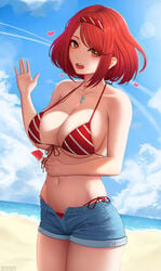 1girls alternate_costume bangs bare_shoulders beach big_breasts bikini bikini_top blue_sky blush breasts chest_jewel cleavage clothed clothed_female cloud day denim denim_shorts female female_focus female_only food fully_clothed gem hairband halterneck hand_up heart highres jean_shorts large_breasts looking_at_viewer navel nintendo ocean open_mouth outdoors popsicle pyra red_bikini red_eyes red_hair red_shirt shirt shore short_hair short_shorts shorts sidelocks sky solo solo_female standing stomach swept_bangs swimsuit thighs underboob water waves waving xenoblade_(series) xenoblade_chronicles_2 zaphn