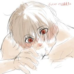 2boys blowjob blush brown_hair colored_sketch face_closeup fellatio gay gintama light_brown_hair male male_only male_pov okita_sougo oral pov red_eyes should_not_say sketch solo_focus yaoi