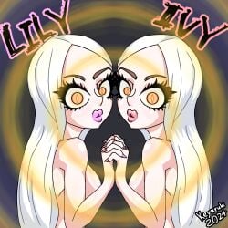 glowing_eyes hypnosis hypnotic_eyes hypnotizing_viewer ivy_(fellatrix) keyaruki lily_(fellatrix) long_hair magenta_lipstick magenta_nails naked pink_lipstick pink_nails white_hair yellow_eyes