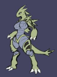 anthro anthrofied breasts claws female female_only gijinka green_skin hourglass_figure nipples nude pokemon pokemon_(species) simple_background spikes standing tail thick_thighs tyranitar wide_hips xelsword