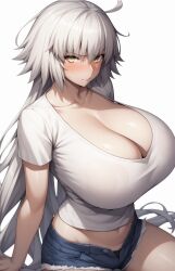 1girls ai_generated blush booty_shorts breasts casual_clothes cleavage embarrassed fate/grand_order fate_(series) female hi_res hips huge_breasts jean_shorts jeanne_alter long_hair massive_breasts shirt short_shorts shorts simple_background stable_diffusion thick_thighs thighs white_hair white_shirt wide_hips yellow_eyes