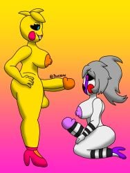 2futas areolae balls big_breasts black_sclera breasts duo erection five_nights_at_freddy's five_nights_at_freddy's_2 futa_on_futa futa_only futanari grey_skin grin hands_on_hips hands_on_thighs high-angle_view high_heels huge_balls huge_cock humanoid humanoid_penis kneeling marionette_(fnaf) masturbation nipples nude on_knees pearlnsfw penis puppet_(fnaf) shocked_expression side_view toy_chica_(fnaf) yellow_body yellow_skin