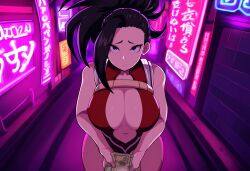 1boy ai_generated black_hair boku_no_hero_academia city city_lights curvy female holding_money large_breasts momo_yaoyorozu money my_hero_academia neon_lights night novelai offering offering_to_viewer prostitute prostitution voluptuous wide_hips yaoyorozu_momo