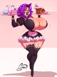 1girls belise7 blue_hair breasts female female_only glasses high_heels huge_breasts lipstick looking_at_viewer maid original original_character plates solo sophie_blouin thick_thighs waitress wide_hips