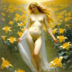 ai_generated belly blonde_hair blue_eyes breasts convenient_censoring curly_hair curvy field flower flower_field flowers_in_hair lips long_hair navel nipples nude presenting realistic small_breasts smile solo sun william_bouguereau