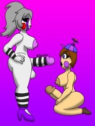 2futas areolae balloon_babe_(fnia) balloon_boy_(fnaf) balls big_breasts black_sclera breasts duo erection five_nights_at_freddy's five_nights_at_freddy's_2 futa_on_futa futa_only futanari grey_skin grin hands_on_hips hands_on_thighs high-angle_view high_heels huge_balls huge_cock humanoid humanoid_penis jj_(fnaf) kneeling light-skinned_futanari light_skin marionette_(fnaf) masturbation nipples nude on_knees pearlnsfw penis puppet_(fnaf) shocked_expression side_view