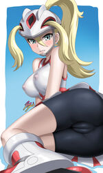 1girls ass bicycle_helmet big_ass big_breasts bike_shorts blonde_hair blue_eyes breasts cameltoe erect_nipples_under_clothes eye_contact female innie_pussy jazzjack korrina_(pokemon) long_hair looking_at_viewer nintendo pale-skinned_female pale_skin pokemon pokemon_xy shorts simple_background spandex_shorts thick_ass thick_thighs thighs