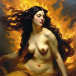 ai_generated belly black_hair breasts burning closed_eyes curvy fire long_hair navel nipples nude pyrokinesis seductress small_breasts william_bouguereau