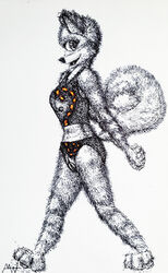 anthro baley big_feet bikini breasts canid canine clothing curled_tail fangs feet female fox genitals hands_behind_back hi_res mammal modestwold nipples nude paws profile_view pussy red_fox shy side_view smile solo swimwear traditional_drawing_(artwork) traditional_media_(artwork) translucent translucent_clothing two_piece two_piece_swimsuit walking