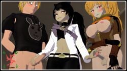 1boy 2girls 3d black_hair blake_belladonna blonde_hair blush breasts clothing cuckold embarrassed female futa_is_smaller futa_with_male futanari handjob jaune_arc large_breasts long_hair male nipples penis penis_size_difference prosthetic prosthetic_arm red_eyes robotic_arm rwby sfmslayer small_penis smaller_futanari smile smug source_filmmaker teasing testicles yang_xiao_long yellow_eyes