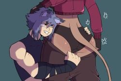2girls angry ass ass_focus ass_grab dark-skinned_female female female_focus freckles freckles_on_ass latina lion_tail panties pants pants_down pants_pull wolf_ears yuri