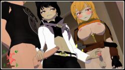 1boy 2girls 3d black_hair blake_belladonna blonde_hair blush breasts clothing cuckold embarrassed female futa_is_smaller futa_with_male futanari handjob jaune_arc large_breasts long_hair male nipples penis penis_size_difference prosthetic prosthetic_arm red_eyes robotic_arm rwby sfmslayer small_penis smaller_futanari smile smug source_filmmaker teasing testicles yang_xiao_long yellow_eyes