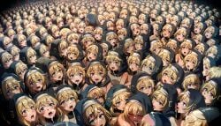 ai_generated ambiguous_gender blonde_hair blush bridget clones crowd crowded cum_on_face funny greninjaja group imminent_mental_illness panting selfcest wtf