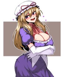 :d blonde_hair blush bow breasts choker cleavage commentary contrapposto cowboy_shot dress elbow_gloves english_commentary eyebrows_hidden_by_hair eyelashes female formicid frills gloves hair_between_eyes hair_ribbon hairbow happy hat hat_ribbon heart huge_breasts long_hair looking_at_viewer mature_female milf mob_cap neck_ribbon open_mouth outline purple_dress purple_eyes red_bow red_choker red_ribbon ribbon ribbon_choker sidelocks simple_background smile solo sweat touhou tress_ribbon very_long_hair white_background white_gloves white_outline yakumo_yukari yukari_yakumo