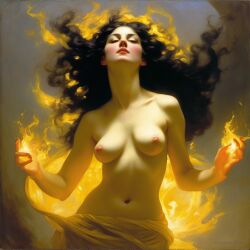 ai_generated belly black_hair breasts burning closed_eyes curvy fire long_hair navel nipples nude pyrokinesis seductress small_breasts william_bouguereau