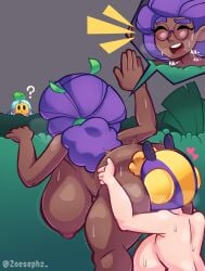 2girls ? ass back_view bea_(brawl_stars) bent_over brawl_stars breasts bush closed_eyes dark-skinned_female dark_skin face_in_ass female glasses heart helmet huge_breasts light-skinned_female light_skin long_hair nipples nude nude_female open_mouth ponytail purple_hair question_mark rosa_(brawl_stars) smile sprout_(brawl_stars) sweat thighs yellow_hair yuri zoesephz