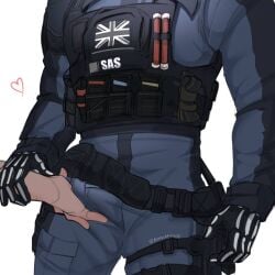 1boy activision anon bomi bomilek boner_in_pants bulge bulge_grab call_of_duty ghost_(modern_warfare_2) gloves grabbing_arm heart male_focus male_only military military_uniform modern_warfare simon_riley tactical_gear tactical_vest union_jack unseen_character y/n