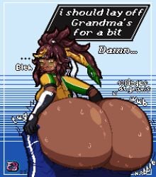 1girls ass ass_sweat brazilian brazilian_female brazilian_flag dark-skinned_female enderboneronni huge_ass juliette_(omega_strikers) omega_strikers onomatopoeia pixel_art sweat text tongue_out