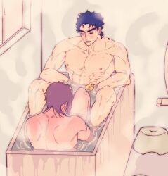 2boys bathing bathroom bathtub joestar_birthmark jojo's_bizarre_adventure jotaro_kujo male male/male male_only muscular_male noriaki_kakyoin rubber_duck shared_bathing size_difference stardust_crusaders