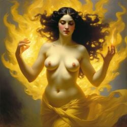 ai_generated belly black_hair breasts burning closed_eyes curvy fire long_hair navel nipples nude pyrokinesis seductress sleepy small_breasts william_bouguereau