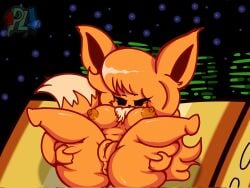 anthro anus ass beady_eyes big_breasts big_butt big_ears breasts chest_tuft eevee eeveefriend_(fnf) eyelashes female fluffy fluffy_hair fluffy_tail fnf friday_night_funkin friday_night_funkin' friday_night_funkin_mod generation_1_pokemon genitals girlfriend_(friday_night_funkin) hair hi_res leg_grab long_eyelashes lying marios_madness navel nintendo nipples on_back orange_body orange_nipples orange_pussy p.legacy_fnf pokemon pokemon_(species) presenting pussy short_stack slightly_chubby small_feet solo tail thick_thighs tuft