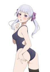 1girls ass back_view bangs black_clover blush breasts coro_fae hair_ribbon hi_res looking_at_viewer medium_breasts noelle_silva presenting_hindquarters purple_eyes silver_hair swimsuit thick_thighs thighhighs thighs twintails white_background