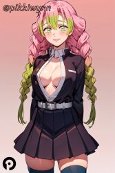 ai_generated arms_behind_back belt black_skirt blush braid breasts cleavage cowboy_shot demon_slayer demon_slayer_uniform female gradient gradient_background gradient_hair green_eyes green_hair kanroji_mitsuri kimetsu_no_yaiba large_breasts long_hair looking_at_viewer mole mole_under_eye multicolored_hair open_clothes partially_unbuttoned pikkiwynn pink_hair pleated_skirt skirt smile solo thighhighs twin_braids zettai_ryouiki