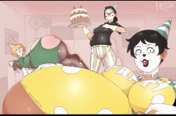 3girls belly big_belly bloated_belly breasts cake clown_girl couch dana_(eightxl) eightxl fizz_(eightxl) huge_belly multiple_girls tina_(eightxl)