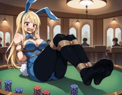 ai_generated arms_tied_behind_back blonde_hair bondage bound_ankles bound_legs brown_eyes bunnysuit fairy_tail fake_rabbit_ears gag gagged lucy_heartfilia on_table poker_chip tape_gag