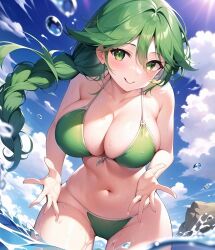 ai_generated cheryl_(pokemon) detailed_background green_hair large_breasts pokemon swimsuit