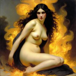 ai_generated artistic_nude belly black_eyes black_hair breasts curvy fire long_hair navel nude on_ground seductive_gaze seductress sitting_in_fire small_breasts william_bouguereau