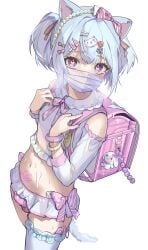 1boy 1femboy animal_ears aqua_hair aqua_nails backpack bag balls bare_shoulders belly belly_button blue_hair blue_nail_polish blue_nails blush blush_lines blushing blushing_at_viewer bow bow_skirt cat_ears cat_hair_ornament cat_paw condom condom_in_clothes condom_on_penis crime_prevention_buzzer crop_top crossdressing cum cum_on_body detached_sleeves erect_penis erection femboy feminine_male food-themed_hair_ornament girly hair_ornament hairbow hairclip hands_on_own_chest heart heart-shaped_pupils highres human human_only legwear looking_at_viewer male male_focus male_only mask miniskirt nails nails_painted navel original otoko_no_ko painted_nails penis penis_peek pink_bag pink_bow pink_bracelet pink_eyes pink_ribbon pubic_tattoo rabbit_charm randoseru ribbon school_bag sex_toy shirt simple_background skirt sleeveless small_balls small_penis small_waist solo solo_focus steam strawberry_hair_ornament symbol-shaped_pupils tattoo thighhighs thin_waist trap twintails used_condom vibrator white_background white_legwear white_shirt white_sleeves white_thighhighs wide_hips yellow_bracelet yoruhachi yume_kawaii